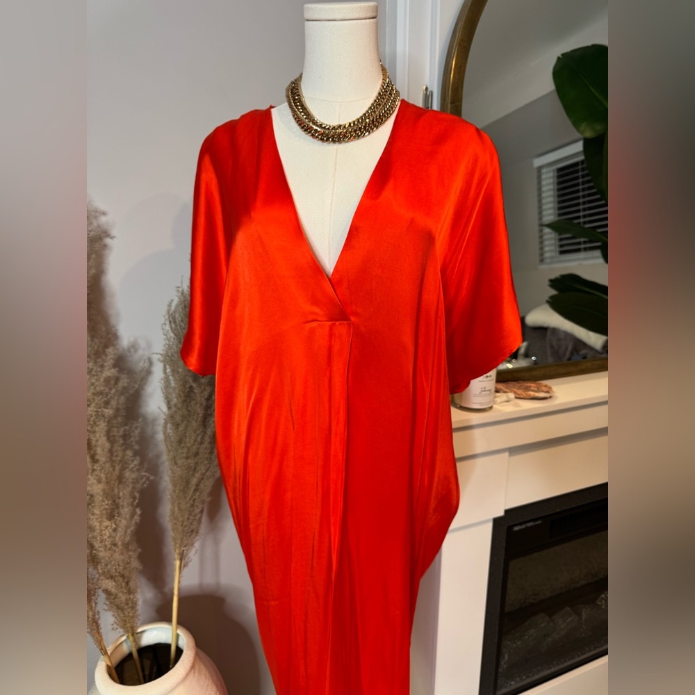 Vibrant Red Satin V-Neck Dress